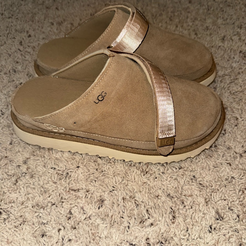 UGG Brown Suede Slide Sandals with Metallic Strap